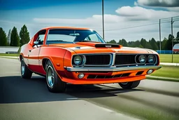 a bright orange 1971 plymouth 426 hemi cuda coming straight at you as it jumps over the starting line with its front tires leaving the ground and smoke pouring off its rear tires. You can see the driver in a red race helmet smile in ecstasy through the windshield.