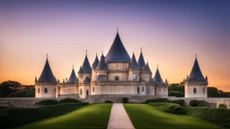 2055, rule of thirds, delightful, sensitive, confident, undulating sinusoidal castle with pointed hyperbolic roofs, delicate, sunrise, symmetrical, exquisite architecture, innovative design, perfect symmetry, award-winning photograph, beautiful composition, filled with beautiful detail, delicate colour, chiaroscuro