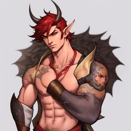 A Young Adult Male. A unique blend of Wood Elf and Red Tiefling features. His handsome face contrasts with the Yakuza dragon tattoos that completly cover his back, arms, and legs. He is wearing a torn coat. A physique that is strong and well-built, resembling a Fighter.