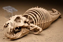The petrified and crumbling skeleton of a huge creature lying upside down on the ground