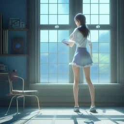 Anime, female student studying by the window, anime style,perfect face, cool face, ultra detail, unreal engine 5, cinema4d, sun light, studio lighting --ar 1:1 --v 4