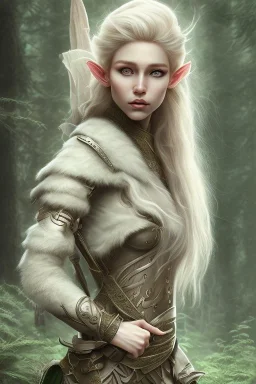 Elf Ranger, dnd character portrait, pale green eyes, blonde hair, earth tone clothes, hyperrealistic, intricate details, insanely detailed, forest background, natural lighting