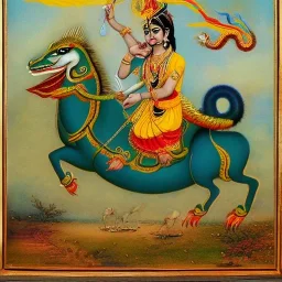 krishna riding a dragon in Ravi Varma painting style