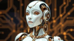 robot ,glass,gloss,circuito,femminile ,futuristico,originalità,white and brown,honey,fashion,gioielli gold,orecchini , disegni floreali