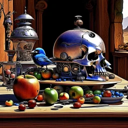 Apples. Pears. Grapes. Dishes. Oranges. Wood table. Coffee pot. Castle. Medevil. Machines.