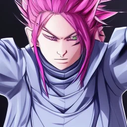 crystal blue eyes, and dark pink hair, teardrop shaped eyebrows, woman, angry expression, jujutsu kaisen style, pointy ears