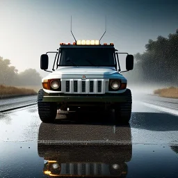 hyperrealistic shot, military truck, monotone color palette, sharp focus, puddle reflection, tire water splash, refraction, mist on the horizon, shadowcast, detailed and intricate, cinematic composition