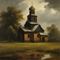 an oil painting where, far away in a black, earthen field without trees and grass, stands a small brick white ancient Christian Russian church, with a wooden roof,after the rain,17th century