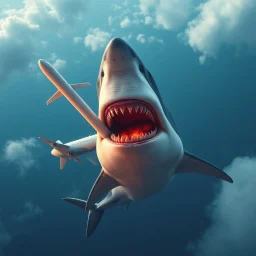 a giant shark eating an airplane in the sky