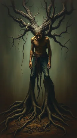 Bosch painting style nightmare, a man with legs looks like tree roots , dramatic sad scene, fantasy,