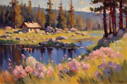 Sunny day, pine trees, mountains, prairie, flowers, lake, rocks, spring, konstantin korovin impressionism painting