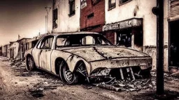 A Tesla's 'Model S Plaid' is racing at top speed, across the post-apocalyptic world of the 'Terminator' movies. CINEMATIC. WIDE ANGLE LENS. PHOTO REAL.