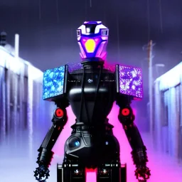 A portrait of a crystallized Robot, Japanese cyber samurai, art by Yoji Shinkawa, artist, cold ambient, rain, fog, latex, cables, purpurin, black, decorative color lights, neon style, a lot of led lights, fog, rain, vibrant color, highly detailed, art stations, concept art, smooth, unreal engine 5, god rays, ray tracing, RTX, lumen lighting, ultra detail, volumetric lighting, 3d, finely drawn, high definition, high resolution.