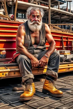 photography of An iranian offshore worker, shirtless, wearing bulging heavy-duty work pants and sturdy boots, sitting under the scorching sun on a merchant ship, man 66 years old, manly chest, muscular chubby , tattoo, curly beard, dirty, serious, long hair, ugly, big thighs, bullneck, big shoulders, photo realistic, photographic, super detailed, hyper realistic, UHD, frontal view , ambient occlusion