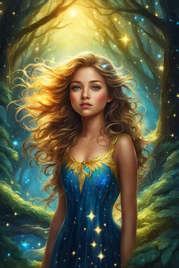 Adorable digital painting style. Beneath the forest's dreamy canopy, A girl of wonder, dressed in starry glee, Her flowing hair, a golden radiant stream, Her eyes, aglow, with a celestial gleam, highly detailed, pretty face, fantasy art, digital art, colored ink, 4k, vibrant colors, dream, correct face structure, correct anatomy