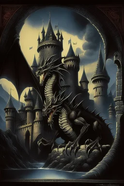 70s dark fantasy art, illustration of a black dragon in a castle