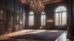 Luxurious Victorian mansion indoors, in the main wall there it a rectangular frame for a painting, cinematic lighting, octane rendering, 8k, ultra high definition, unreal engine, hyperrealism.