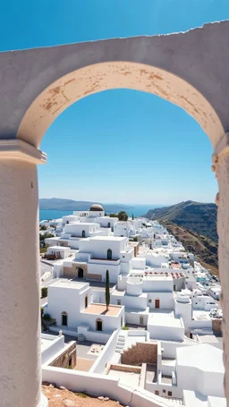 "Aerial view of ancient Thera on Santorini, Greece, featuring whitewashed buildings and terraced landscapes under a bright blue sky, circa 1500 BC."