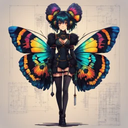 full body portrait illustration , with detailed blueprints and engineering schematics of a walking hybrid Madagascan sunset moth insect girl, antennae, neck fur, black sclera, in anime style, with highly detailed facial features, drawings, and technical notation, 8k, vibrant natural colors