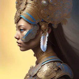 Sango fantasy, fantasy magic, intricate, sharp focus, illustration, highly detailed, digital painting, concept art, matte, art germ and Paul Lewin and Kehinde Wiley, masterpiece Mayan princess dancer head bronze feather's' Asian Latin girl nice breast brown hair turquoise silver blue sky