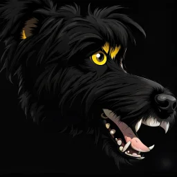 an angry scruffy black terrier on black background, yellow eyes, make 30% brighter, illustration