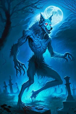 a lean glowing blue ethereal two legged wolf man with claws and long limbs and red eyes in a graveyard at night during a thunderstorm. It has a long bushy tail and appears friendly.