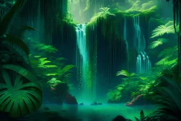 A spellbinding landscape of a cascading waterfall, plunging into a deep, emerald pool, surrounded by a dense, verdant jungle teeming with vibrant flora and fauna.