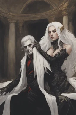 Toomb of the vampire Count Strahd Von Zarovich. Grand room, stone and marble, dark, black coffin made of polished ebony wood and brass. No windows. Strahd bracing his arm on the coffin, being kissed by a woman with long white hair.