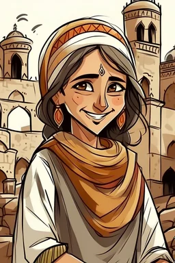 Creat a picture of a cartoon resemble my lovely lady called Ahlam which leave in Sanaa Yemen, she has a lovely smile and wear a traditional Yemeni clothes the back ground is old Sanaa Yemen