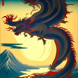 Ukiyo-e art, dragon, mountains, sun