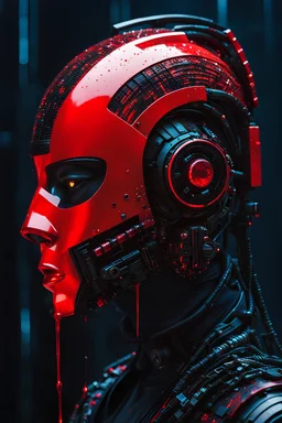 A (((black cyberpunk cyborg skull helmet))), covered in thick pixel paint red paint, animated dripping effect, (((futuristic sci-fi art))), maya, (((art by daytoner))), 3D digital portrait, bizarre, cgsociety,artstation, pinterest, industrialpost punk aesthetic fused with cyberpunk glitchcore, kinetic sculpture futuristic, CGI, dark minimalism, visually captivating, conceptual,