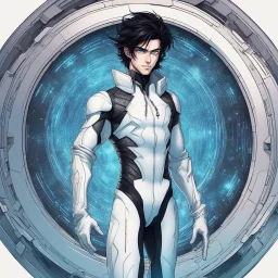 An handsome alien with messy black hair and blue eyes stepping out of a portal wearing futuristic clothes, colored manga style, intricately detailed