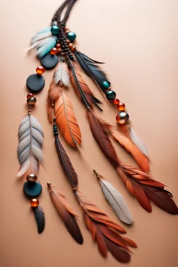 feathers and beads on leather string moving in the wind, warm colors, sharper details, fantastic