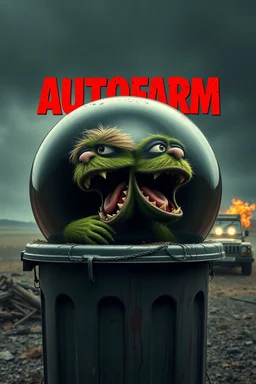 in the style of INITIAL D, DIRTY CUTE HOT EUROPEAN Oscar the AUTOFARM Grouch SESEME ST CHARACTER IN LARGE BALL INSIDE LADY,GARBAGE TRASH BIN, side profile, "GARBAGE TRASH BIN IN FRONT" man in super blackscary (((((autofarm)))))) TITLE in movie poster movie style horror look. as five headed mouth open, rough teeth, turn head around, landrover crash in background, Mood/Atmosphere(BOOTY HORROR)(&*&*^%$^#%$#%$^%$#^#$#^%#$^$#