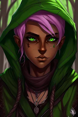 Non-binary wood elf, rogue assassin, brown skin, bright green eyes, mauve hair, hooded black leather, shy, trees, stoner