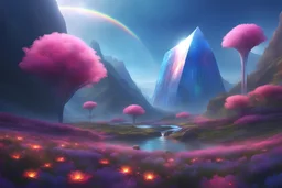 coming from space, blue and pink lights, bright sunny atmosphere, concept art, extremely sharp detail and contrast, mountains, futuristic crystal dome on another planet, rainbow, birds, big flowers, waterfall, finely tuned detail, cinematic smooth, intricate detail, futuristic style ultra high definition, 8 k, (intricate details, masterpiece, best quality:1.4) ,