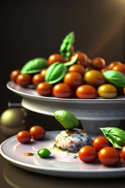 Italian Renaissance style still life consisting of a plate of Italian ravioli with natural cherry tomato and basil accompanied by olives, moisture ambient, natural ornaments, ceramic, marble, high kitchen, smooth, god rays, unreal engine 5, ray tracing, RTX, lumen lighting, ultra detail, volumetric lighting, 3d.