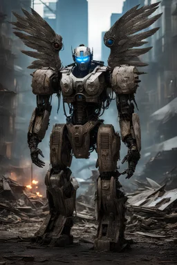 A picture of a robot made of junk in a post- apocalyptic setting with a pair of giant angel like wings made of stone he onlt has one blue glowing eye and frost covering his body