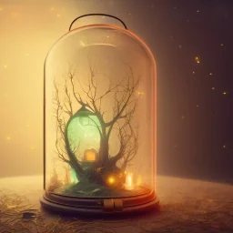 glowing Fairy in a lantern, many ghostly lights inside a belljar, fairy lights, polaroid, symmetry, bioluminescence, luminescent glow, moody, tender, photorealistic, octane render, golden hour