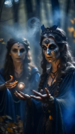 close up portrait of merciless medieval countess and her creepy sister in big eyed trance, clawed hands, full moon, swirly mist,autumn wind, performing arcane invocation ritual of smoke demon with immense power on luminous stone altar in dark forest grove, shot on Hasselblad h6d-400c, zeiss prime lens, bokeh like f/0.8, tilt-shift lens 8k, high detail, smooth render, down-light, unreal engine, prize winning