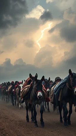 ‏قافله من المهاجرون وحميرهم يمشون بحزن. وتعب في جو ملبد بالغيوم و عاصفه في السماء تتبعهم
