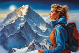 A perfect woman having a beautiful dream standing on the top of Mount Everest painted by Julie Bell. concept art, mid shot, intricately detailed, color depth, dramatic, 2/3 face angle, side light, colorful background