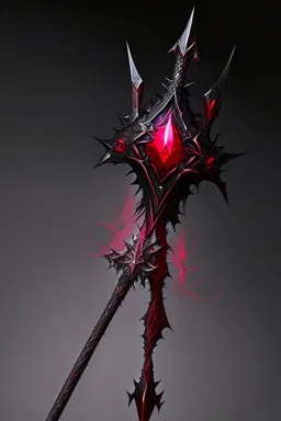 A sorceress evil staff that is a mix colors of red and black crystals and sharp edges