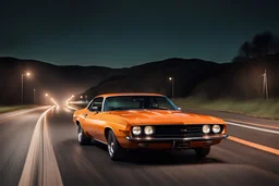 Fotorealistisch Frontalperspektive nah von limettengrünem 1973er Plymouth AAR Barracuda und orangem 1980er Chevrolet Camaro Z28 auf nächtlicher Autobahn beim überholen