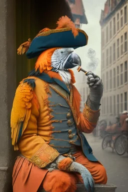 Half parrot half human in a 1700s Orange Dutch uniform smoking a cigarette in a Dutch city