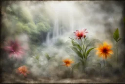 flowers, blur 5%, double exposure, merged layers, in the first part (near to us) of the picture you can see a plain sandblown smoked glass, engraved with a folk art pattern, the glass is cracked in several places, in some places the glass is broken, crumpled burlap, through it you can see a tropical rainforest with a waterfall, mist, tooth, sunrise