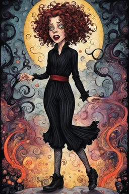 a cartoon illustration of a schizophrenic curly, short haired vampire girl in a black jumpsuit, in the cartoon style of Lynda Barry , Ernie Pook's Comeek, vibrant natural colors, , museum quality masterpiece