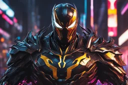 Venom Shredder in 8k solo leveling shadow artstyle, iron man them, close picture, rain, Shredder helmet, neon lights, intricate details, highly detailed, high details, detailed portrait, masterpiece,ultra detailed, ultra quality
