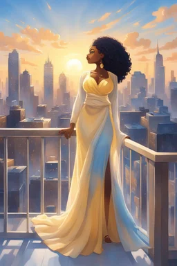 The scene opens onto a serene balcony overlooking a bustling city skyline. The sky above is painted in soft hues of blue and yellow as the sun begins its descent, casting a warm glow over everything it touches. In the foreground stands a captivating figure, airbrush chibi cartoon curvy black woman exuding confidence and elegance. She is adorned in a flowing white knit maxi dress that hugs her curves in all the right places, accentuating her silhouette. Her choice of footwear is equally stunning