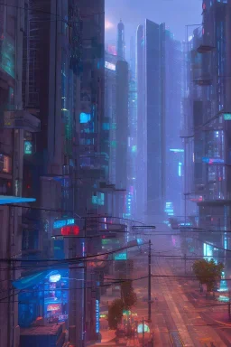 3D render of a cyberpunk city street, on a dark blue skyscrapes background, high detail, hyperrealistic, 4k, cinematic. digital art